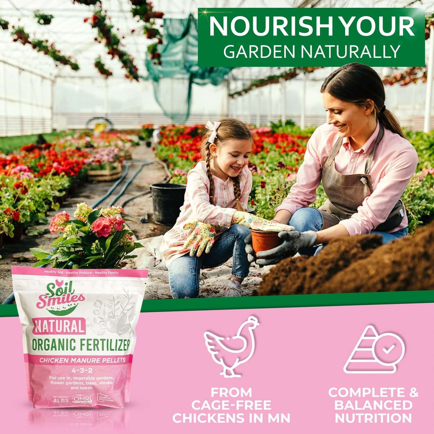 Mother and young daughter happily using soil smiles organic chicken manure pellets in their flower garden for healthier more colorful blooms