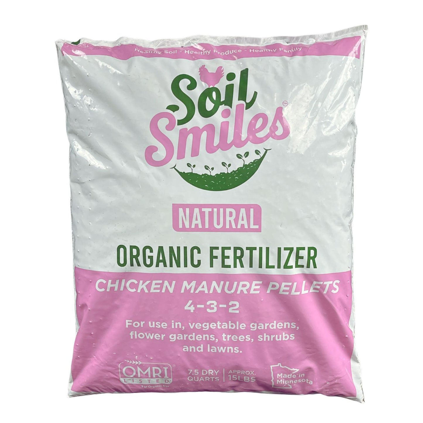 A 15 lb bag of Soil Smiles natural organic fertilizer - chicken manure pellets made from cage free laying hens