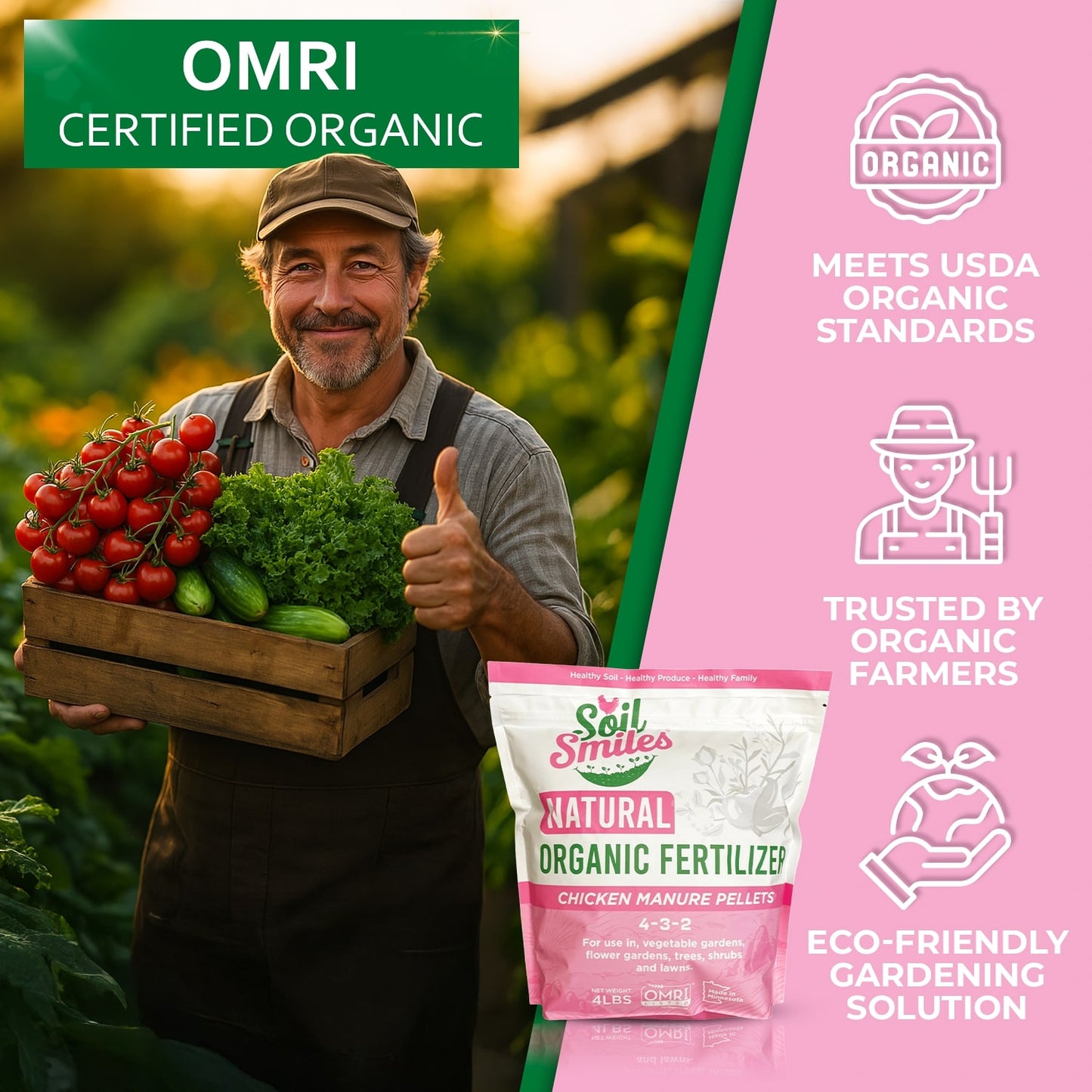 OMRI Certified Organic - Organic farmer giving his thumbs up approval of Soil Smiles natural organic fertilizer. He's holding an overflowing crate of fresh vegetables grown on his farm.