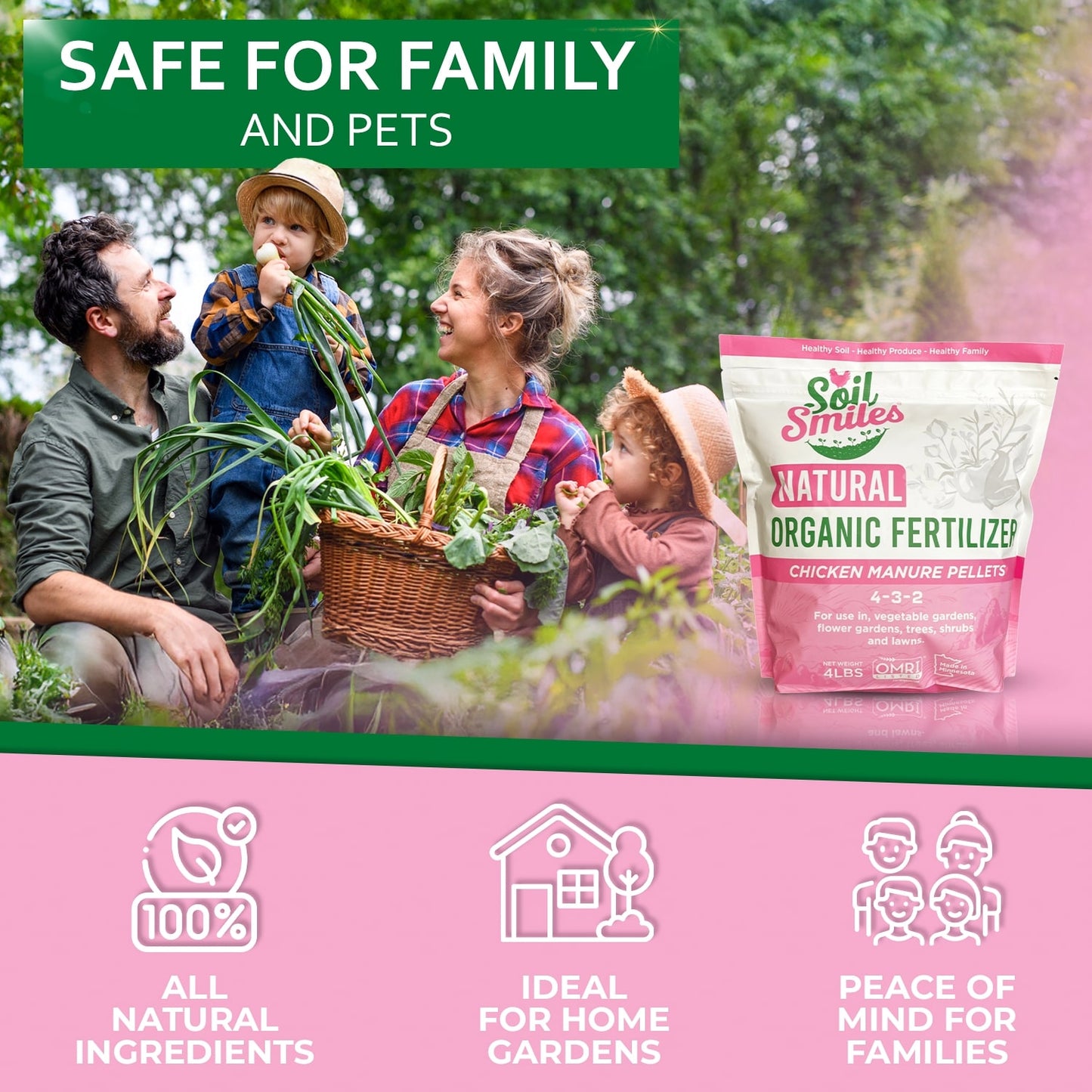 Happy family with young children and a basket full of fresh produce grown using Soil Smiles natural organic fertilizer.