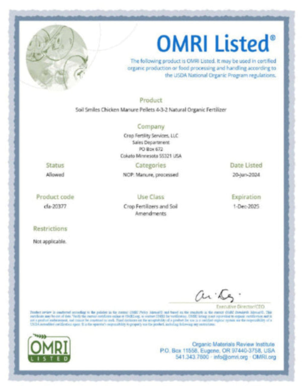 This certificate confirms Soils Smiles chicken manure pellets are officially certified and approved organic by OMRI