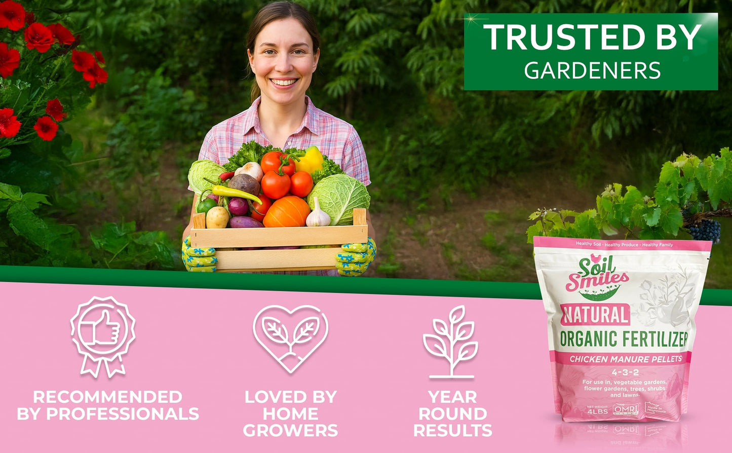 Professional woman gardener holding a crate of fresh vegetables grown with Soil Smiles natural organic fertilizer made from chicken manure. Lush background including flowers and fruits.